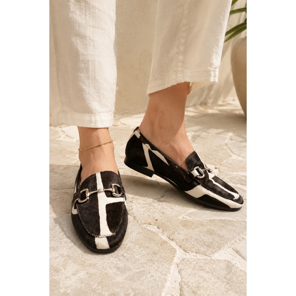 Boho Alfani Step N Flex Giraffe Brown Ivory Calf Hair Horsebit Loafers 9M Shoes